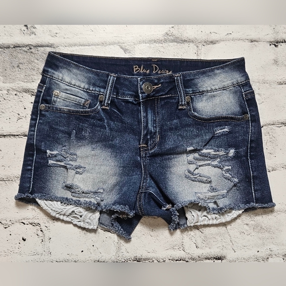 Blue Desire Distressed Denim Shorts Lace Trim Y2K Festival Jean Shorts
